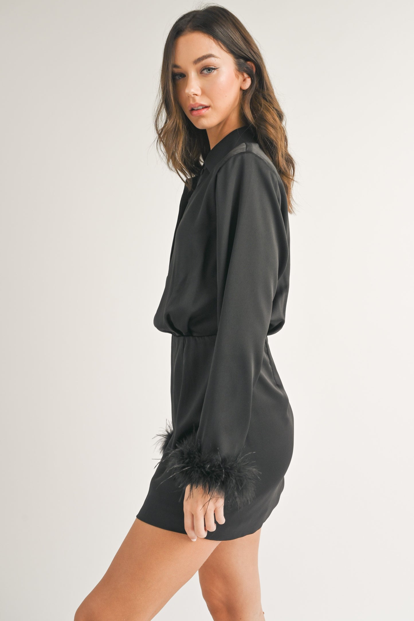 Long Sleeve Mini Dress With Feather Cuffs