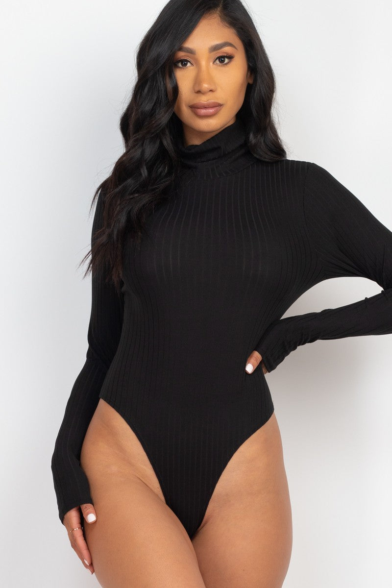 Black Solid Ribbed Turtle Neck Long Sleeve Bodysuit